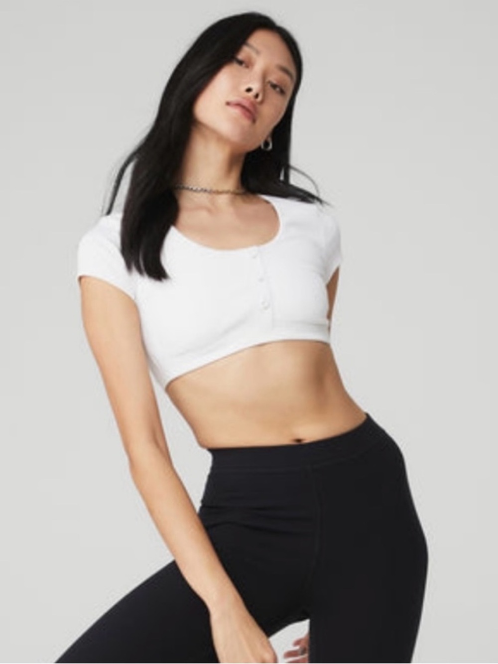 ALO Yoga White Short-Sleeve Crop Henley Bra Top